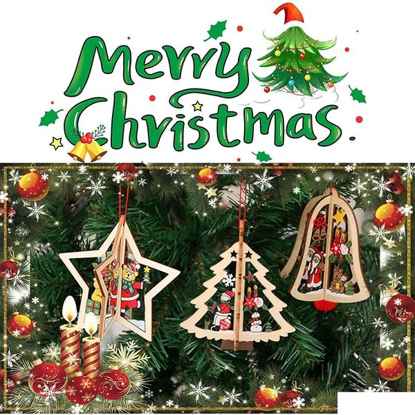 Décorations de Noël Stock 3D Pendentif en bois pour la décoration d'arbre suspendu artisanat enfants ornements en bois livraison directe maison jardin F DH26D