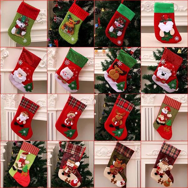 Décorations de Noël Chaussettes avec bonhomme de neige Père Noël Elk Ours Impression Sac cadeau de bonbons de Noël Décoration d'arbre de cheminée Année 1 pcs