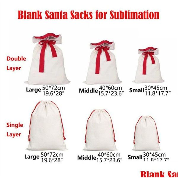 Decoraciones navideñas Sublimación Navidad Santa Sacks Blanks Doble capa Lona Bolsa de regalo Bolsas de dulces Reutilizables Personalizadas para Navidad Dhmwr