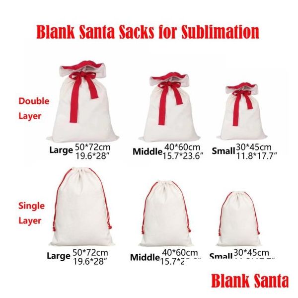 Décorations de Noël Sublimation Santa Sacs Petit Moyen Grand Double Couche Toile Cadeau Sac Sacs De Bonbons Réutilisables Personnalisés Pour X Dhwyn