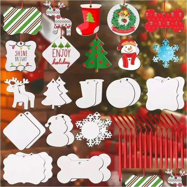 Decoraciones navideñas Sublimación Colgantes en blanco de madera Adorno de doble cara MDF Colgante Bk Árbol Discos conmemorativos Suministros para Di Dhyex