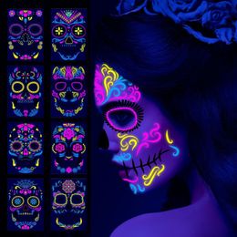 Decoraciones navideñas Pegatinas de calavera de azúcar Decoración de Halloween Resplandor UV Neón Tatuajes temporales Luminoso Día de los muertos Decoración de cara completa Maquillaje 230905