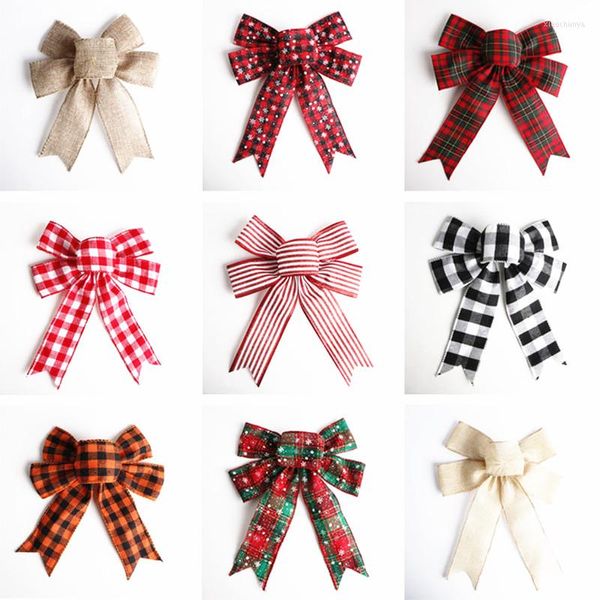 Decoraciones de Navidad árbol grande rojo Tottest Lino Plaid Bowknot caja de regalo hecha a mano lazos para el hogar regalos de año decoración