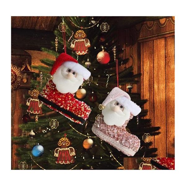 Décorations de Noël Arbre Cadeaux Sacs Père Noël Mignon Paillettes 3D Bottes Bonbons Chaussettes Noël Pendentif Décoration Drop Delivery Accueil Garde Dh9B0