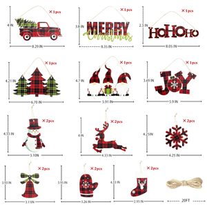 Décorations de Noël Ornements d'arbre Buffalo Plaid Merry Hohoho Joy Sign en bois Noël Vintage Rouge Camion Gnomes Flocon de neige Bonhomme de neige Reinde Amcol