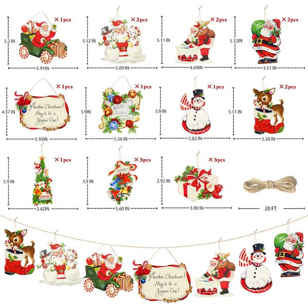 Décorations de Noël Ornements d'arbre Vintage Père Noël Joyeux Salutations Signe de joie Boîte-cadeau de Noël en bois Botte de renne Bonhomme de neige Cloche Hang Amnrd