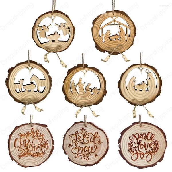 Décorations de noël, accessoires de pendentif d'arbre avec corde sculptée en tranches de bois, ornements rustiques en bois, décors de fête de noël