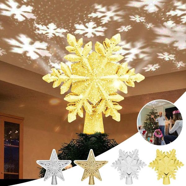 Adornos navideños para árbol, estrella brillante hueca 3D con proyector de copos de nieve giratorio LED, luces para fiesta de Navidad, decoración de Navidad para el hogar