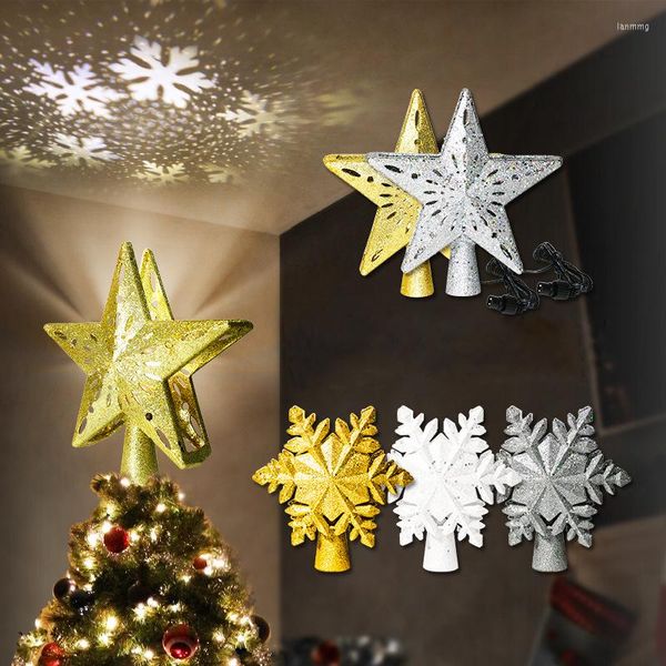 Décorations de Noël Arbre Topper Réglable Étoile Flocon De Neige Projecteur Rotatif 3D Paillettes Fées Lumières LED Xmas Mariage Année Décoration