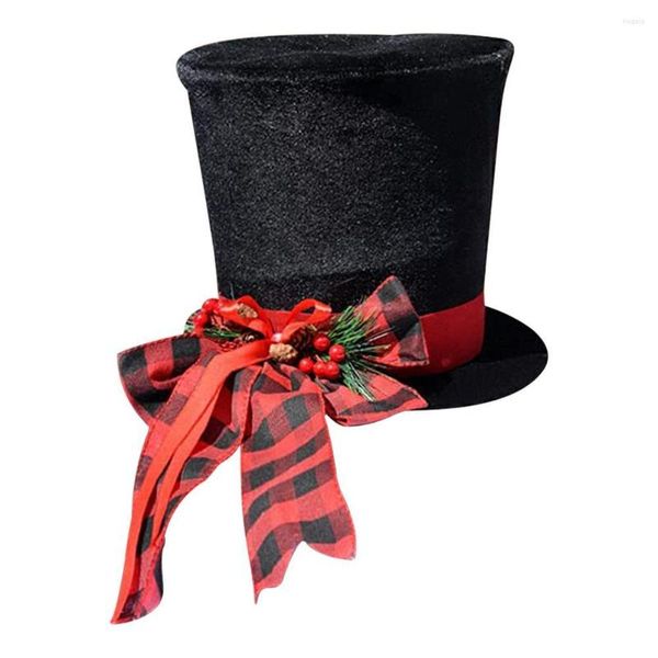 Decoraciones navideñas para árbol, sombrero negro con lazo a cuadros, cinta roja, adornos de escritorio para el hogar H