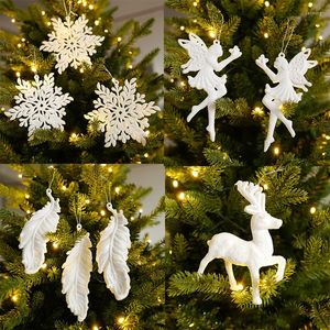 Kerstdecoraties Tree White Angel Doll rendier Sneeuwvlokken Vorm Xmas Hangend ornament Kids Toys Diy Crafts Noel Natal