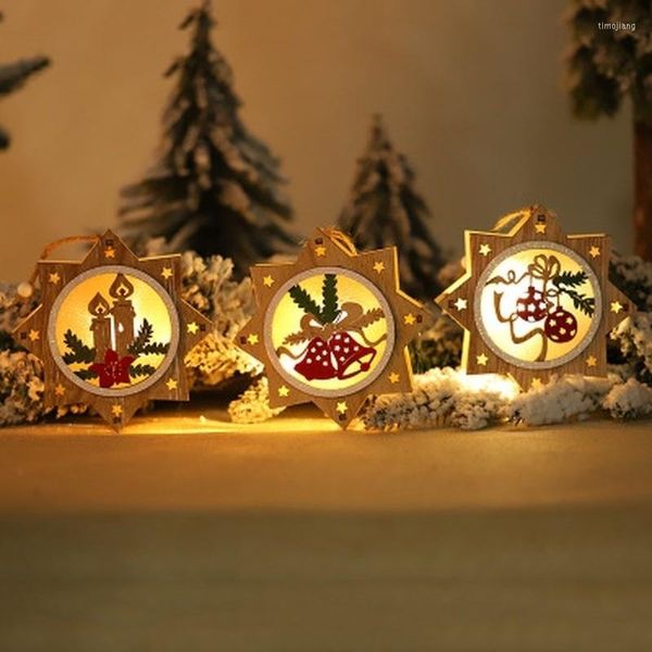 Décorations de Noël Arbre En Bois Ornement Lumineux Étoile Forme Ronde Lumière LED Décoration Lumineux Père Noël Bonhomme De Neige Cerf Pendentif Suspendu