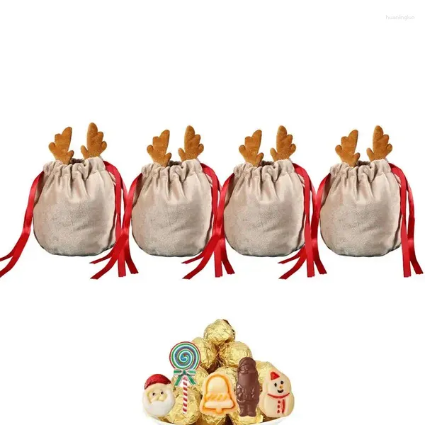 Sac de rangement en velours avec cordon de serrage, décorations de noël uniques, Adorable cadeau en bois de cerf, organisateur de bonbons et de bijoux