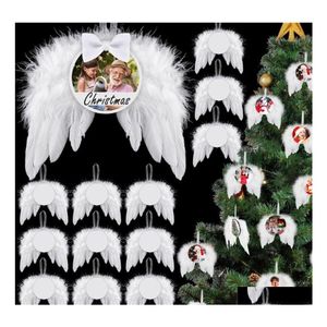 Décorations de Noël Ups Transfert de chaleur Ailes d'ange Ornement Décoration Plumes Pendentif Feuille d'aluminium ronde DIY Arbre suspendu Tag Dh4ye