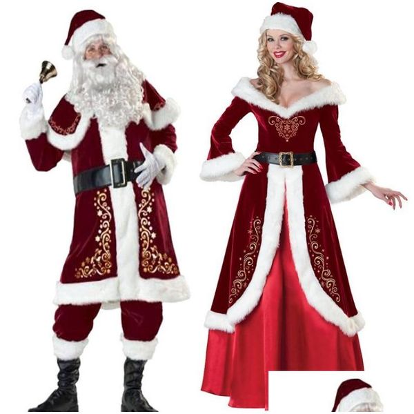 Decoraciones navideñas Veet Men/Women Santa Claus Traje de vestuario Partido para la pareja de Navidad Drop entrega al por mayor Jardín Festivo Dhvta