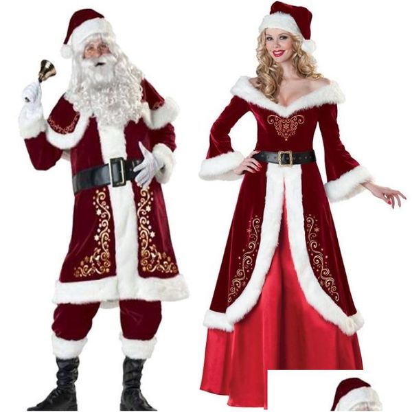 Decoraciones navideñas Veet Hombres / Mujeres Traje de disfraz de Papá Noel Fiesta de pareja para Navidad Entrega al por mayor Jardín en casa Suplemento festivo Dhiic