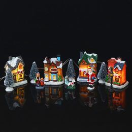 Kerstdecoratie dorpset decoratie santa claus hars villa ornamenten 10 stks lichtgevende sneeuw huis geschenken boom woondecoratie