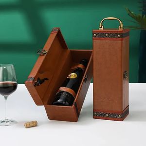 Décorations de Noël Vintage PU Boîte en cuir Bouteille de vin Porte-étui de rangement pour cadeau Fashion Pack High Grade Friends Business 231205