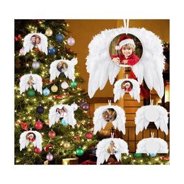Kerstdecoraties White Angel Wings Ornament Hanging Feather Decor met sublimatie blanco MDF Hangers voor boomvaartuigen Drop Deli Dhaab