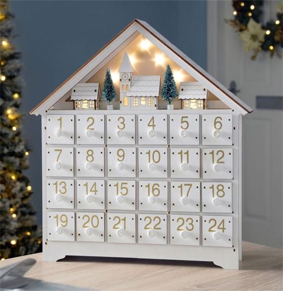 Décorations de Noël LED blanche Calendrier de l'Avent en bois de 24 jours LightUp à piles 24 tiroirs de rangement Maison Décorer 2208755177