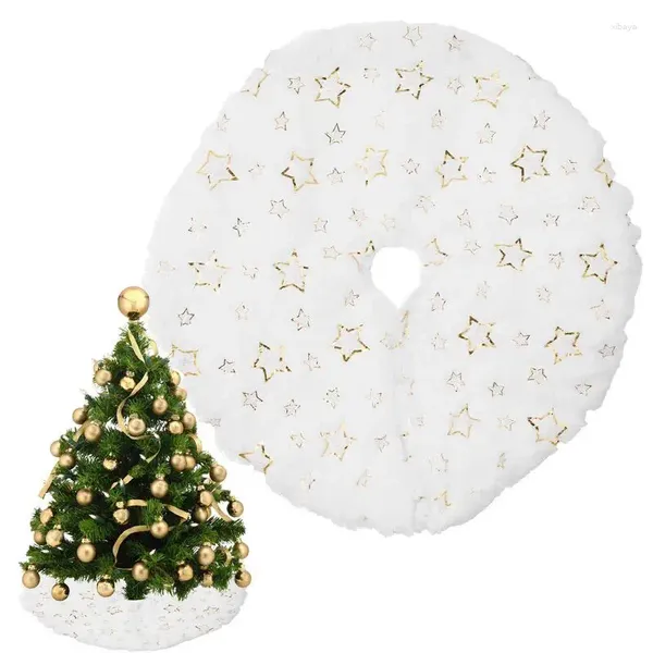 Decoraciones navideñas Falda de árbol de árbol blanco suave con patrones de patrón de pentagrama dorado o plateado/copo de nieve