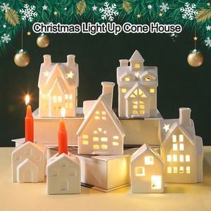 Kerstdecoraties White Xmas Ornamenten Led Lights Festival Decoraties Keramiek Home Decor Cone House Christmas Light 230920