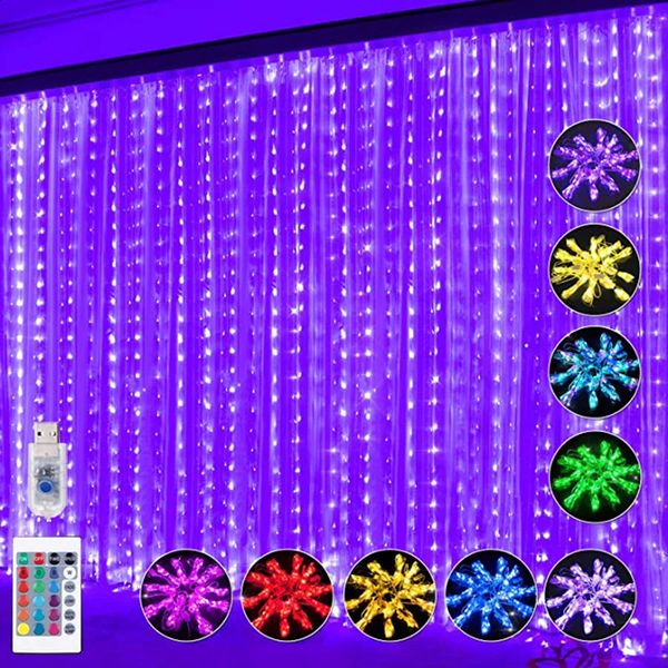 Decoraciones navideñas Cortina de ventana Luz de cadena 300 LED 16 Luces de arco iris que cambian de color Carámbano de hadas alimentado por USB para fiesta de bodas 231030