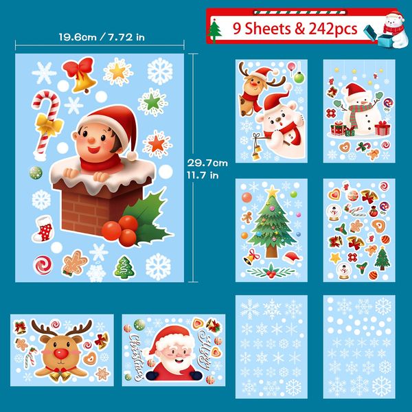 Decoraciones navideñas Pegatinas de ventana 9 hojas Feliz Navidad Película adhesiva de doble cara Santa Claus Muñeco de nieve Calcomanías decorativas para vidrio Viento Amikp