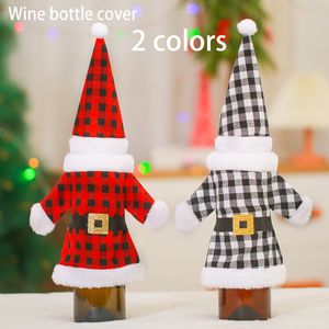 Kerstversiering Wijnfles Cover Zwart Red Plaid Santa Claus kleding en hoed voor Xmas Party Table Decoration XD24934