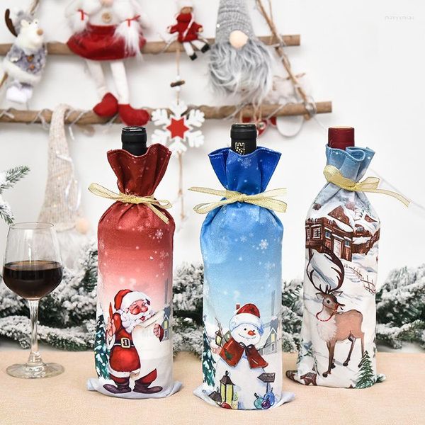 Décorations de Noël Couverture de bouteille de vin Dessin animé Elk Père Noël Bonhomme de neige Porte-cadeau Sac Joyeux Décor Bonne année 2024