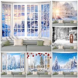 Décorations de Noël Tapisserie d'hiver Forêt Cèdres Soleil Blanc Fenêtre Nature Paysage Tenture Murale Maison Salon Chambre Décor 231030