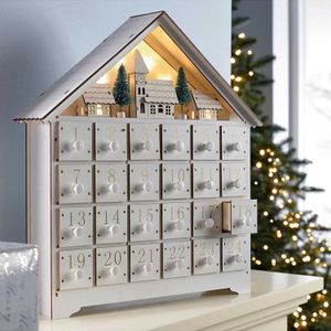 Décorations de Noël Calendrier de l'Avent en bois Compte à rebours avec lumière LED 24 tiroirs Maison Ornement Creative DIY Cadeaux pour enfants 231204