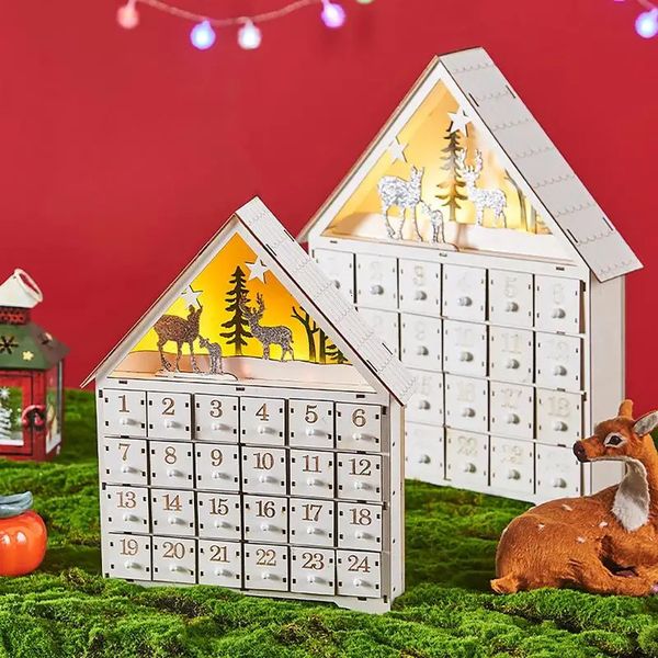 Décorations de Noël Calendrier de l'Avent en bois Maison blanche avec 24 tiroirs et lumières LED Fournitures cadeaux 231124