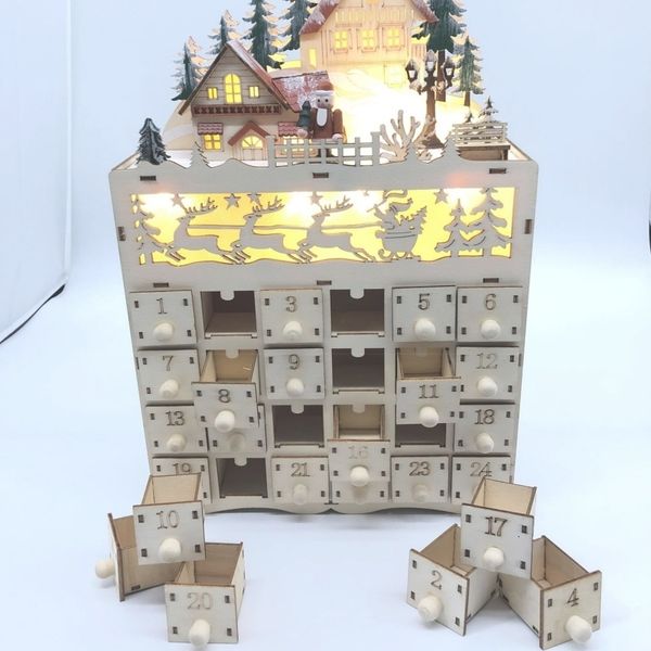 Décorations de Noël Calendrier de l'Avent en bois Décoration de compte à rebours 24 tiroirs avec lumière LED 221130