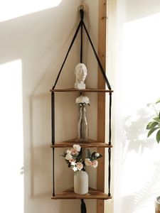 Kerstversiering Houten Hoekplank Muur Decor Pot Opslag Display Stand Macrame Drijvende Organisator Boho Kamer Scandinavische Woondecoratie 231027