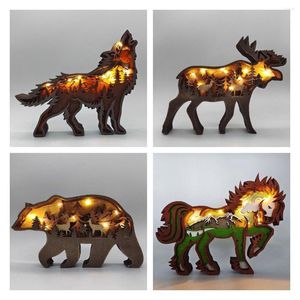 Décorations De Noël En Bois Creux Animal Sculpture Artisanat Décoration Tenture Sculpture 3D Ours Elk Loup Cheval Art Décor Ornement