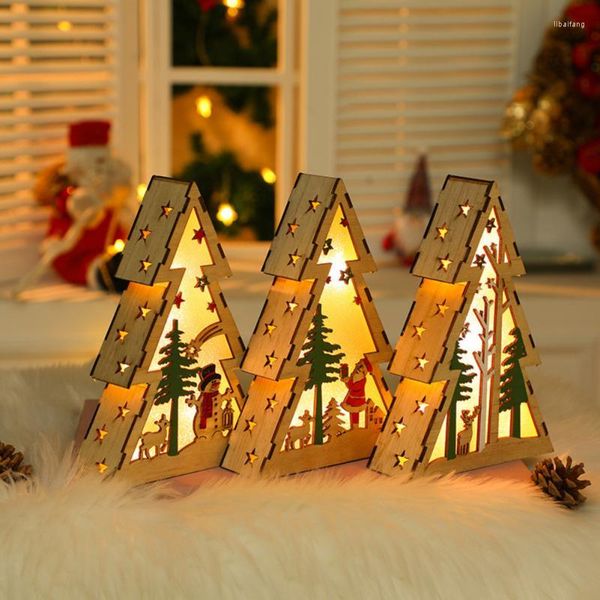 Décorations de Noël en bois lumineux petite maison en forme d'arbre sculpté veilleuse année décoration de vacances ornement créatif