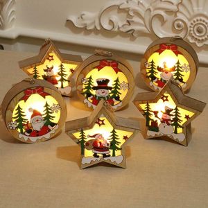 Kerstdecoraties houten ornament LED licht Santa Claus Deer Kart Licheglijke lampboom hanger decoratie