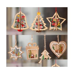 Décorations de Noël Arbre en bois suspendus Ornements Elk Cerf Bonhomme de neige Santa Snowfake Motif Pendentifs Rustique Accueil Fenêtre Décor Artisanat D Dhrfr