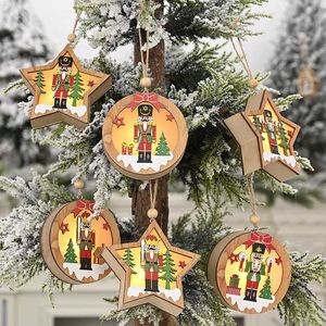 Décorations de Noël Soldat en bois de noyer avec pendentif de lampe pendentif rond étoile à cinq branches pendentif d'arbre 2021 décoration du nouvel an hh93341
