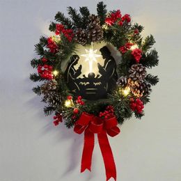 Decoraciones navideñas Guirnalda con Jesús Baya roja Cono de pino Escena de la natividad Luces LED Cuerda Decoraciones de pared de puertas navideñas mixtas Navidad