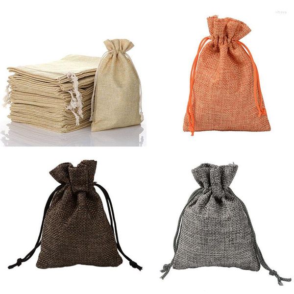 Adornos navideños Bolsas de Navidad Favor de la boda Saco de lino de caramelo 10pcs Cordón Regalo de yute