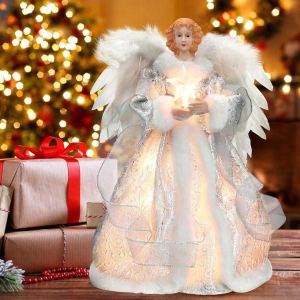 Décorations de Noël Année Angle Poupée Plumes Ange Arbre Topper Décoration de Noël Illuminée avec Conception Détaillée pour la Fête de l'Année 230911