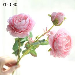 Décorations de Noël YO CHO Rose Fleurs artificielles 3 têtes Rose Blanc Pivoines Fleur de soie Décoration de jardin de mariage Faux Bouquet Couleur pivoine 230923