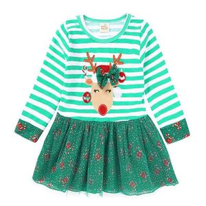 Cerf de Noël Automne Bébé Enfants Fille Robes Pour S À Manches Longues Stripe Tulle 210521