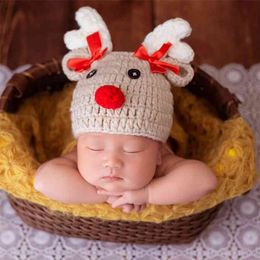 Christmas Deer Born Cartoon Haak Gebreide Bowknot Baby Hat Pozy Props 0-2 Maand 210528