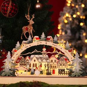 Adornos de madera de escritorio de Navidad Luz LED Luminoso Pueblo de Navidad Decoración del hogar P0828