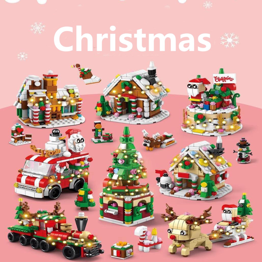 Christmas DIY Bricks Toys Kids Toy Gifts Reindeer Winter Village Mini House Model Santa Christmas Train Decoration Sensory Gift For Kids