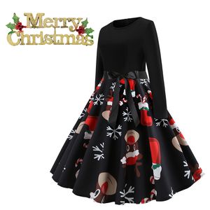 Kerstjurk voor vrouwen grote swing elegante print jurk feestjurken lange mouw riem vintage vrouwen jurk gewaad plus size 201028