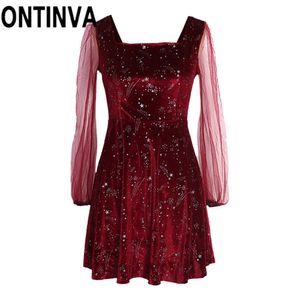 Robe de Noël Sheer Sleeve Shiny Stars Velvet Mini Dames élégantes Dance Party Celebrity ES Rouge Vert Noir 210527